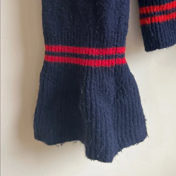Sandro Paris Navy and red striped Sweater with Ruffle Collar and sleeves. - Picture 5 of 7